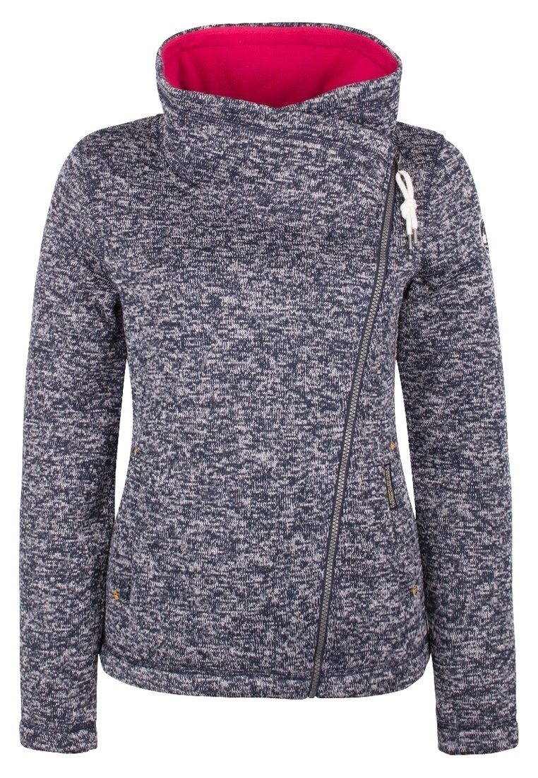 Fleece-jacka i mörkblått med en prickig struktur och rosa foder. Har en hög krage och sidodragkedja, med subtila detaljer från varumärket.