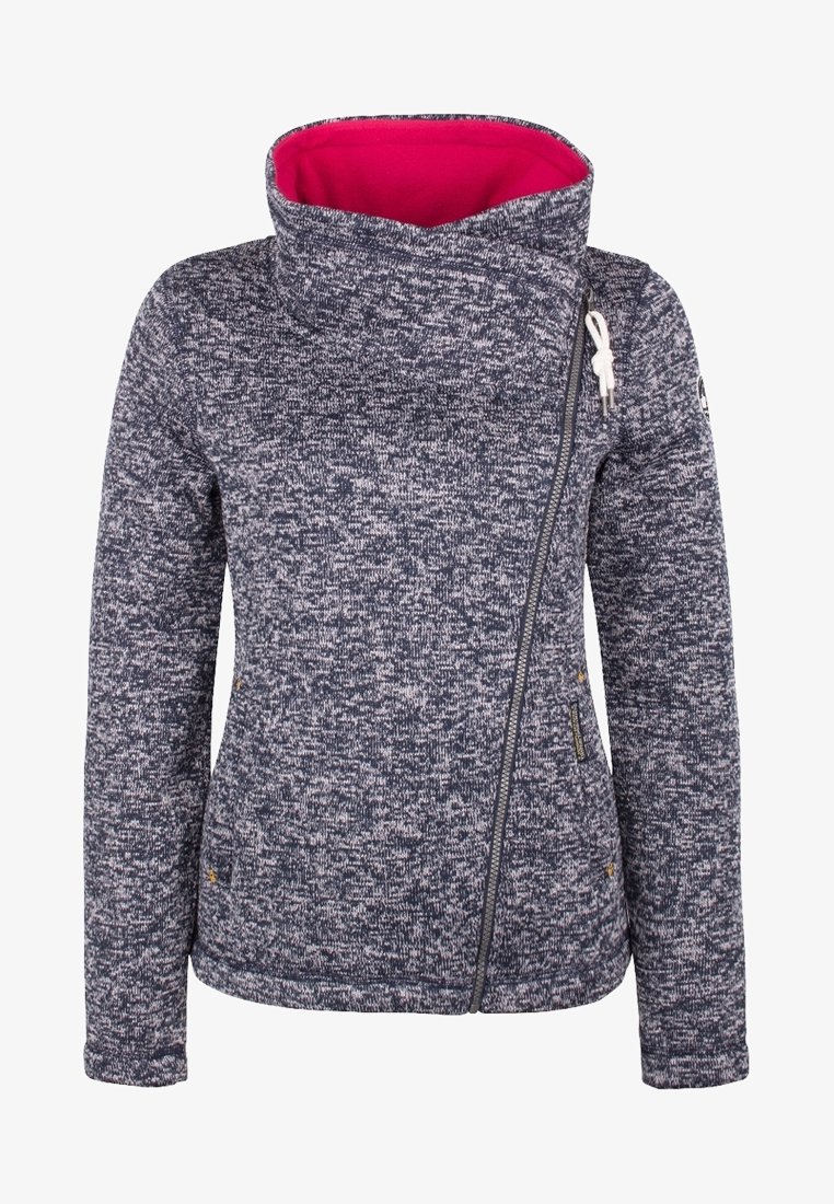 Fleece-jacka i mörkblått med en prickig struktur och rosa foder. Har en hög krage och sidodragkedja, med subtila detaljer från varumärket.