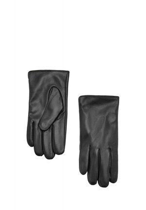 Paire de gants en cuir noir présentée à plat, une paume vers le haut et un dos vers le haut sur fond blanc.