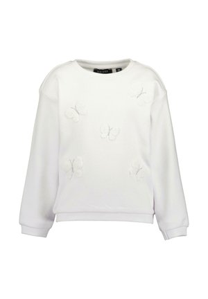 Weißes Sweatshirt mit langen Ärmeln, rundem Ausschnitt und gestickten Schmetterlingsmustern in samtiger Textur. Lässiger und lockerer Schnitt.