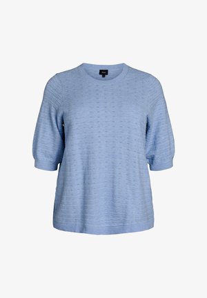 Hellblauer Strickpullover mit kurzen, gepufften Ärmeln. Verfügt über ein strukturiertes Muster sowie gerippte Bündchen am Ausschnitt und an den Ärmeln. Lässig geschnittene Silhouette.