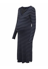 Marine zwangerschapsjurk met witte horizontale strepen, lange mouwen en een V-hals. Zachte stof, knielengte, met details van zijsplitten.