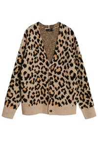 Kardigan w panterkę w odcieniach beżu, czerni i brązu. Dekolt w serek, długie rękawy, zapięcie na guziki. Miękka dzianina, klasyczny krój.