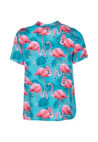 Chemise à manches courtes avec un fond turquoise, ornée d'un imprimé de flamants roses et de feuilles tropicales vertes. Tissu léger avec une coupe décontractée.