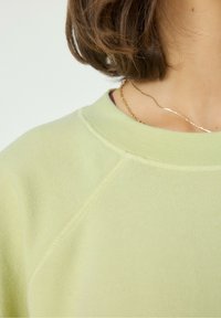 Gaišzaļš džemperis ar mīkstu tekstūru, apaļu kakla izgriezumu un raglana piedurknēm. Izceļas ar redzamām šuvēm gar šuvēm.