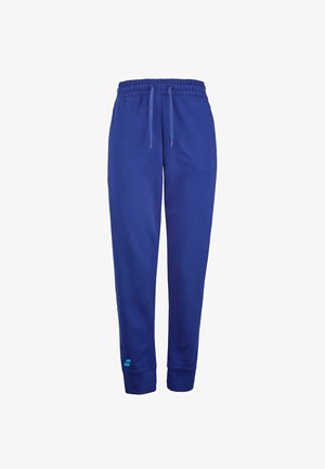 Blaue Sweatpants aus weichem Material, mit einem elastischen Bund und Kordelzügen, gerippten Bündchen und einem kleinen Logo in Türkis.