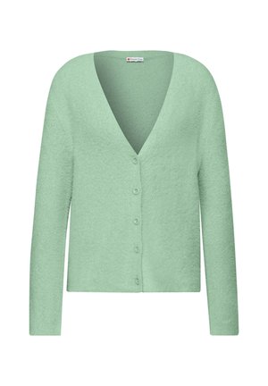 Cardigan verde menta realizzato in un morbido tessuto testurizzato. Presenta maniche lunghe, un scollo a V e sei bottoni coordinati lungo la parte anteriore.