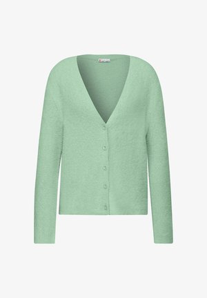 Minzgrüner Cardigan aus weichem, strukturiertem Stoff. Mit langen Ärmeln, einem V-Ausschnitt und sechs passenden Knöpfen auf der Vorderseite.
