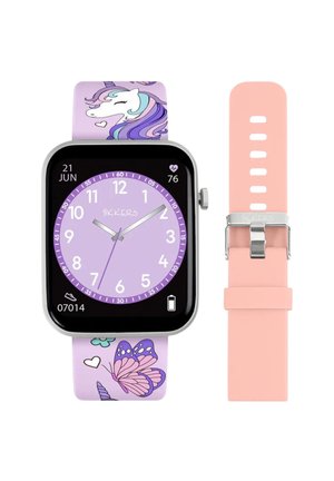 Montre connectée pour enfants avec bracelet lavande licorne et papillon, cadran numérique, fréquence cardiaque, compteur de pas, et bracelet rose supplémentaire inclus.