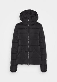 Black puffer jacket with a hood, featuring a zip closure, ribbed cuffs, and two side pockets. The material is smooth with quilted texture.