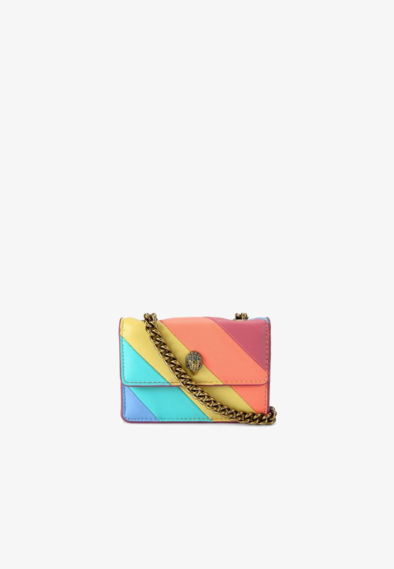 Sac en cuir à bandoulière avec un motif en chevrons dans des couleurs pastel : rose, jaune, bleu et vert. Dispose d'une chaîne dorée et d'un fermoir.