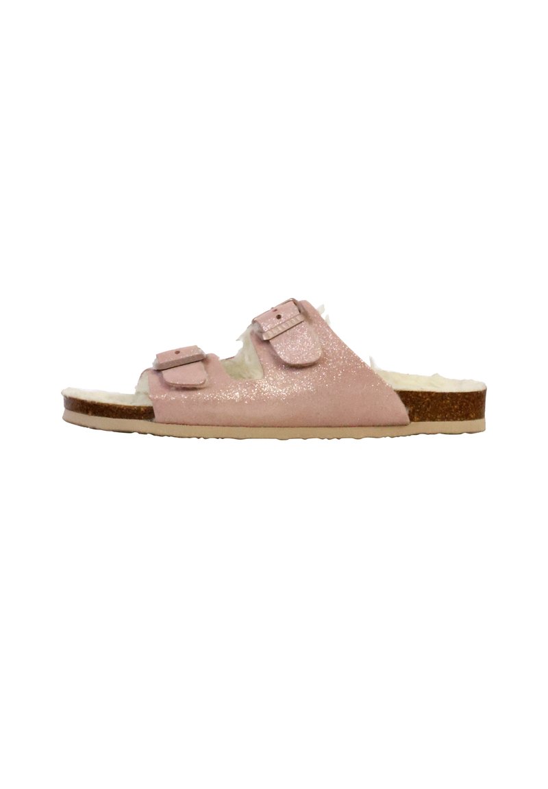Roze glitter instappers met twee verstelbare gespen, nep-bont voering en een kurken voetbed. Open teen ontwerp met een platte zool.