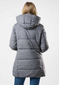 Gray puffer jacket with a hood, featuring quilted design and contrasting texture, knee-length, smooth fabric, and ribbed cuffs.
