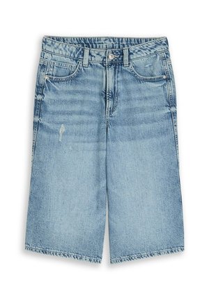 Lichtblauwe denimshorts met lichte slijtage, knoop- en ritssluiting aan de voorkant, riemlussen en vijfzakkenontwerp.