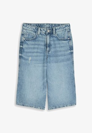 Lichtblauwe denimshorts met lichte slijtage, knoop- en ritssluiting aan de voorkant, riemlussen en vijfzakkenontwerp.