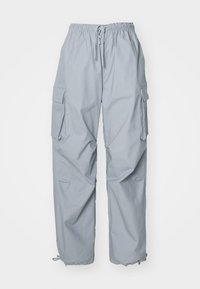 Light gray cargo pants with elastic waistband, drawstring closure, side flap pockets, and adjustable drawstrings at the ankle hems.