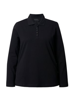 Zwarte lange mouwen polo shirt van katoen, met een kraag, vijf knopen sluiting en een rechte zoom. Zacht aanvoelende textuur.