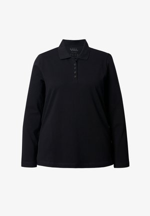 Czarna koszulka polo z długim rękawem, wykonana z bawełny, z kołnierzykiem, pięcioma guzikami z przodu i prostym dołem. Miękka tekstura.