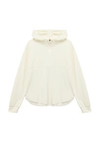 Lysvægt, crema-farvet hoodie med halv-lynlås fortil, justerbar snor, lange ærmer og buet kant. Glat tekstur, afslappet pasform.