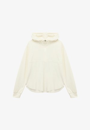 Sudadera ligera de color crema con media cremallera en el frontal, cordón ajustable, mangas largas y dobladillo curvado. Textura suave, corte relajado.