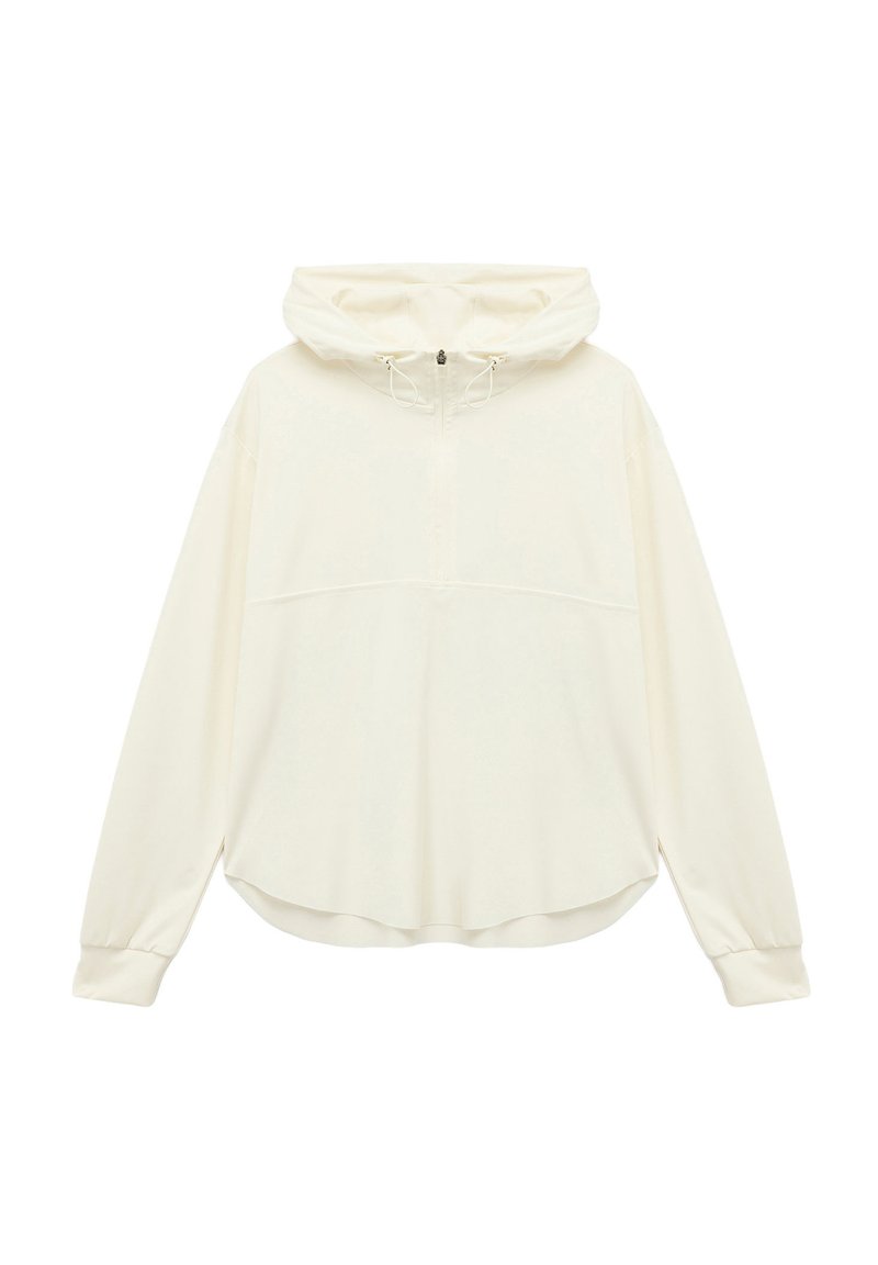 Lysvægt, crema-farvet hoodie med halv-lynlås fortil, justerbar snor, lange ærmer og buet kant. Glat tekstur, afslappet pasform.