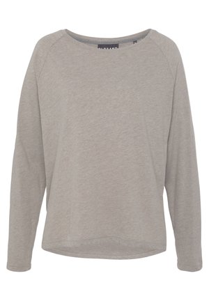 Sweat-shirt gris clair à manches longues avec col rond, coupe décontractée et texture de tissu douce.