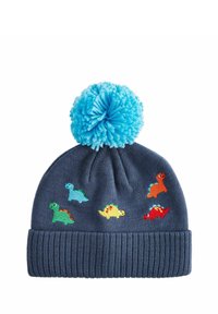Marine gebreide beanie met een geribbelde manchette, versierd met meerkleurige dinosaurus borduursels en een donzige blauwe pompon bovenop.