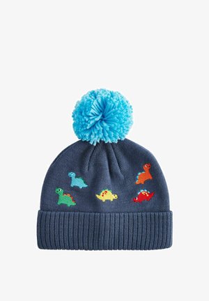 Marine gebreide beanie met een geribbelde manchette, versierd met meerkleurige dinosaurus borduursels en een donzige blauwe pompon bovenop.