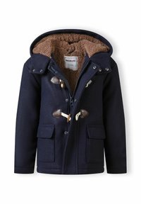 Mornaricipo plavi dukserica napravljena od vune, s kapuljačom obloženom flisom, drvenim kopčama i dva prednja džepa. Teksturna unutrašnjost u smeškastoj boji.