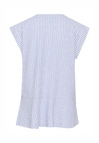 Prúžkovaná blúzka s svetlomodrými a bielymi vertikálnymi prúžkami, krátkymi rukávmi, voľným strihom a lemom v tvare zvonu pre zvýšenú prúdenie.