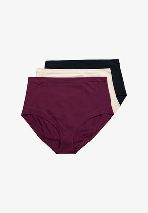 Tre paia di biancheria intima da donna a vita alta in bordeaux, beige e nero, impilate su sfondo bianco.