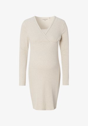 Robe portefeuille beige à manches longues en tissu côtelé. Elle présente un décolleté en V croisé, une texture douce et une coupe ajustée avec un léger évasement à l'ourlet.