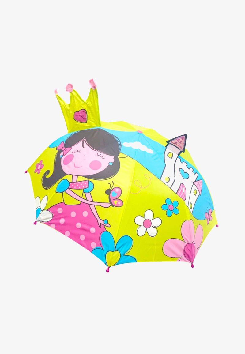 Children's umbrella featuring a bright yellow canopy with a princess design, polka dots, flowers, and a castle, topped with a crown detail.