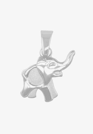 Silberner Elefantenanhänger mit poliertem Design, erhobenem Rüssel, rundem Körper und glatter Oberfläche, hängend an einer flachen Öse.