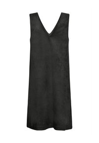 Robe noire sans manches avec un décolleté en V et un ourlet droit, réalisée dans un tissu doux semblable au daim.