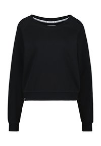 Mustat lyhyet hihat pelaava collegepaita, jossa on pyöreä kaula-aukko, raglan-hihat, ribbireunat hihansuissa ja helmassa, valmistettu pehmeästä ja sileästä kankaasta.