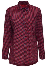 Camicia rossa con bottoni, decorata con pois blu navy e azzurri, maniche lunghe, colletto e orlo dritto. Tessuto in misto cotone con una texture liscia.