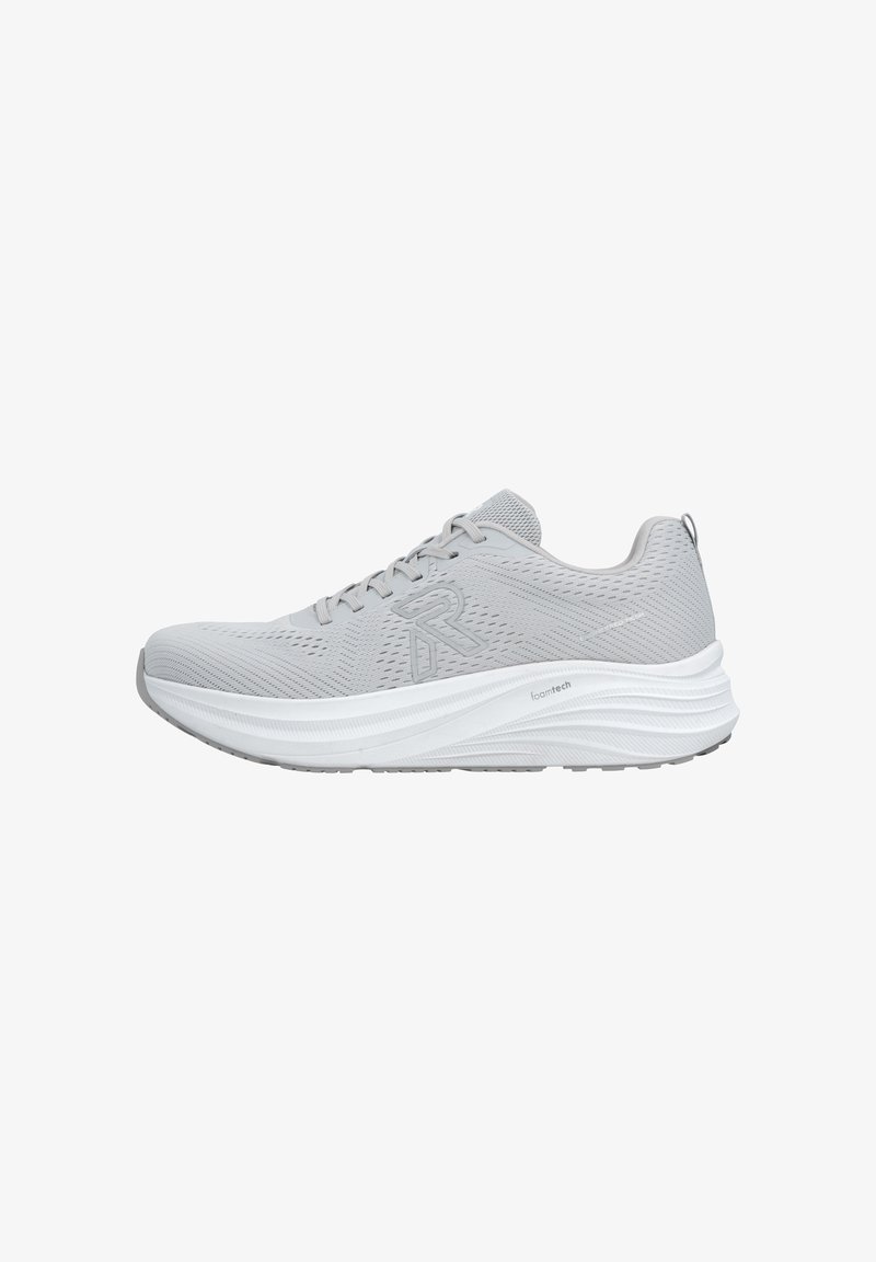 Gray athletic shoe with a textured mesh upper, featuring a pronounced cushioned sole and subtle logo detail on the side.