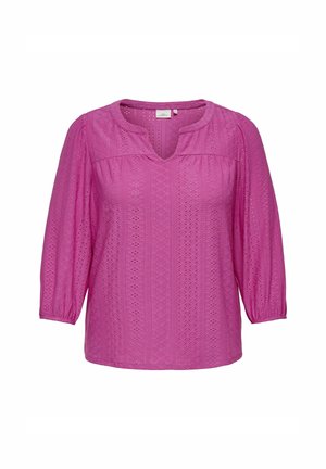 Růžová blůza s dlouhým rukávem a výstřihem do V, se strukturovaným vzorem a elastickými manžetami. Tkanina obsahuje malé dírky pro prodyšnost.