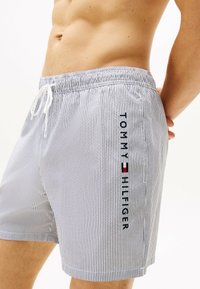 Herren-Badeshorts in Hellblau mit weißen Streifen. Elastischer Bund mit Kordelzug. Verfügt über ein vertikales "TOMMY HILFIGER"-Logo.