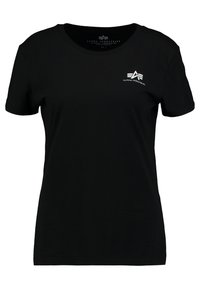 Schwarzes Baumwoll-T-Shirt mit Rundhalsausschnitt, kurzen Ärmeln und einem kleinen weißen Logo auf der linken Brust. Weicher Stoff, lässiges Design.