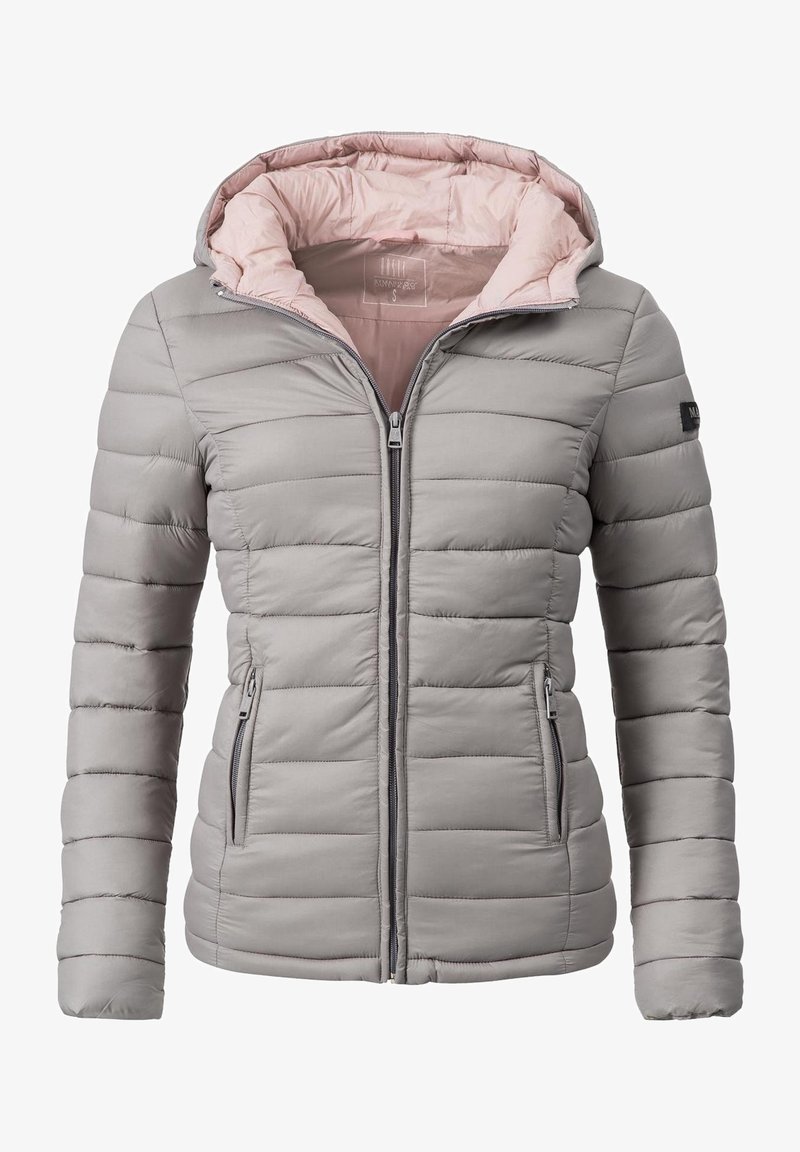 Veste matelassée gris clair avec une fermeture éclair à l'avant, deux poches latérales zippées et une capuche doublée de rose.