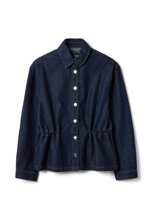 Veste en denim bleu foncé à manches longues, boutons-pression argentés sur le devant, taille froncée et col.