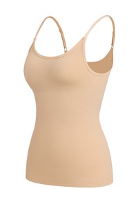 Beżowy top na ramiączkach z cienkimi, regulowanymi paskami, wykonany z gładkiej, elastycznej tkaniny, cechujący się dopasowanym krojem i bezszwową konstrukcją.