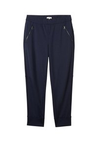 Námořnické modré tepláky vyrobené z jemné látky, s bočními kapsami na zip, elastickým pasem a manžetami na kotnících pro bezpečné uchycení.