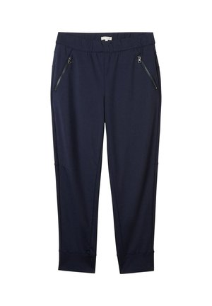 Marineblauwe joggingsbroeken van zachte stof, voorzien van ritszakken aan de zijkanten, een elastische tailleband en een aangesloten enkel voor een goede pasvorm.