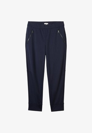 Mørkeblå joggerbukser lavet af blødt stof, med lynlåslommer i siden, elastisk talje og ribbede ankler for en sikker pasform.