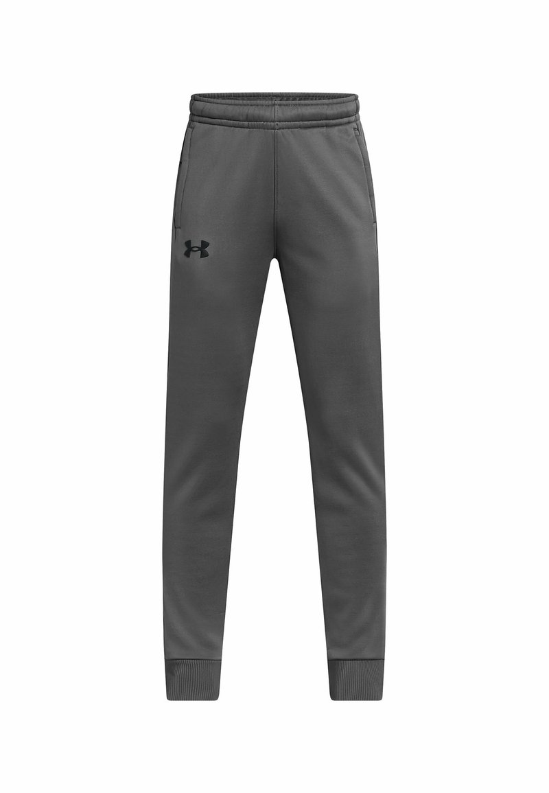 Pantalons de sport gris, fabriqués en tissu doux, arborant un logo noir, une taille élastique et des poignets côtelés. Deux poches latérales pour plus de praticité.