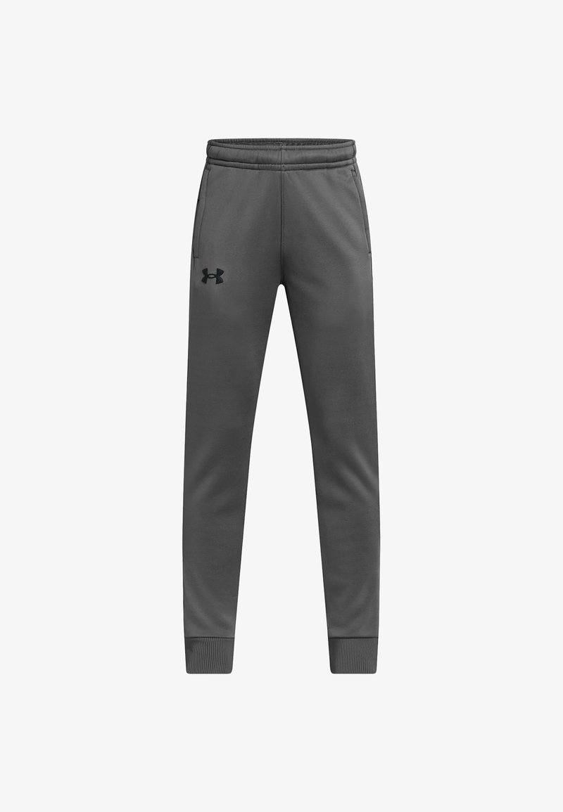 Grå atletiske sweatpants lavet af blødt stof, med et sort logo, elastisk talje og ribbede cuffs. To sidelommer for bekvemmelighed.
