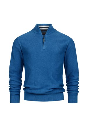 Blauer Quarter-Zip-Pullover aus strukturiertem Material, mit einem gerippten Design, langen Ärmeln und einem gestreiften Kragenakzent.